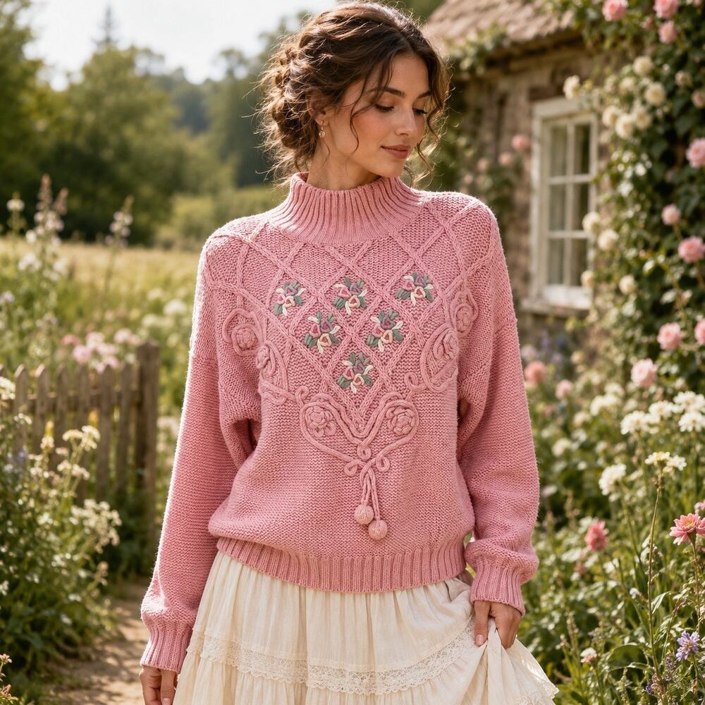 Vintage Hunter's Run Rosette Sweater Sz L Cottagecore Embroidered Lattice 90s